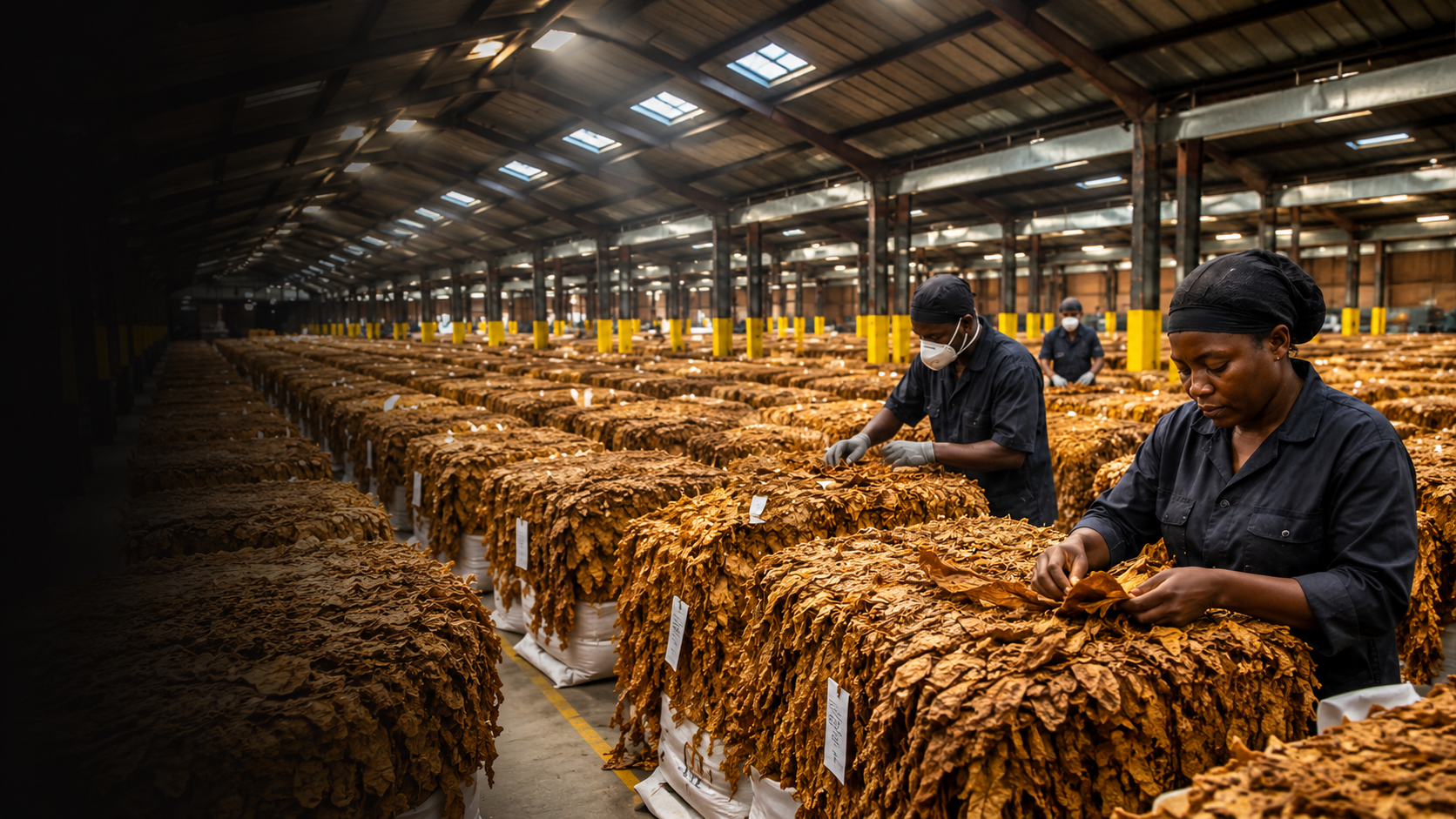 African manufacturing professionals inspecting premium tobacco leaves in a modern processing facility.