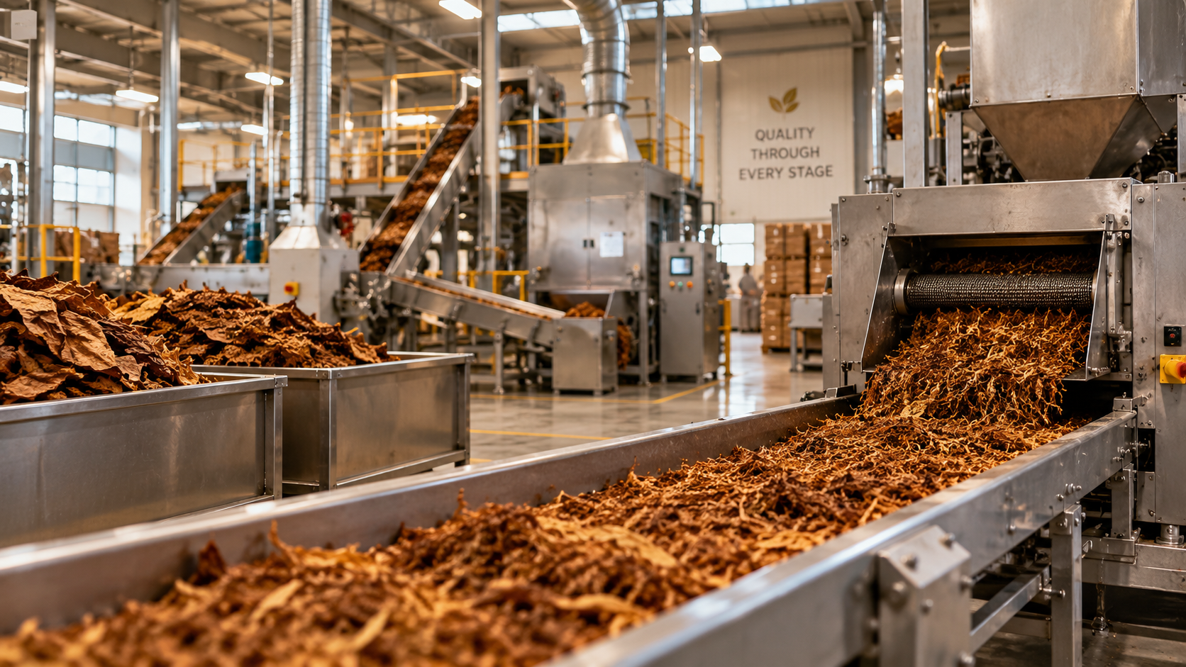 Modern tobacco manufacturing facility with machinery, conveyors and processed tobacco.