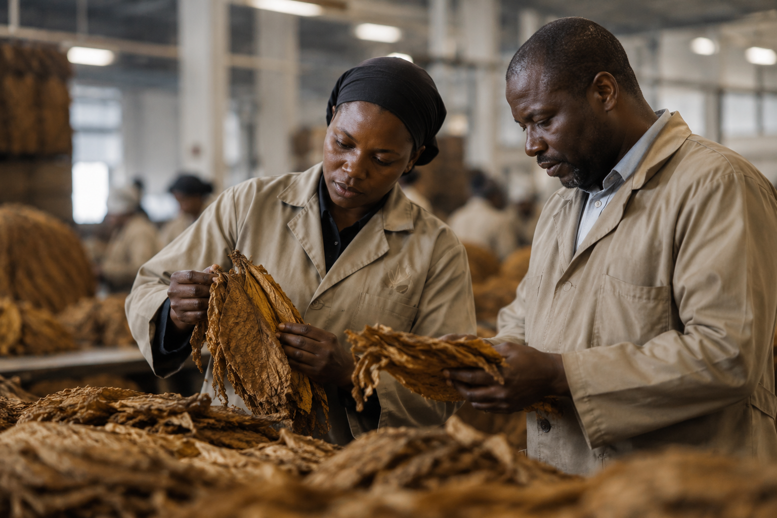 Black African professionals working with tobacco materials in a modern processing environment.
